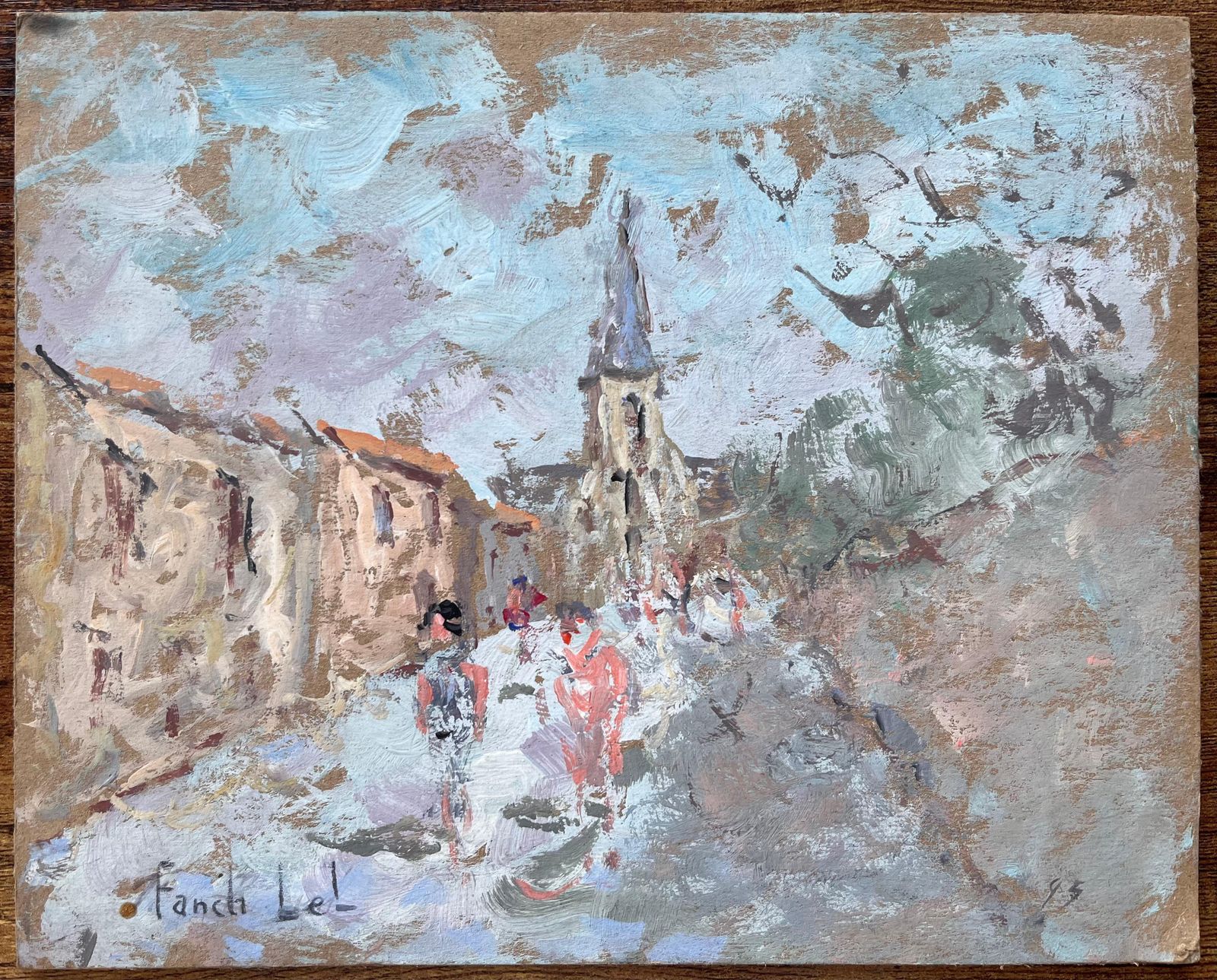 Fanch Lelfrench Village Street With Church Spire And Figures In Soft Pastels1995 photo furniture
