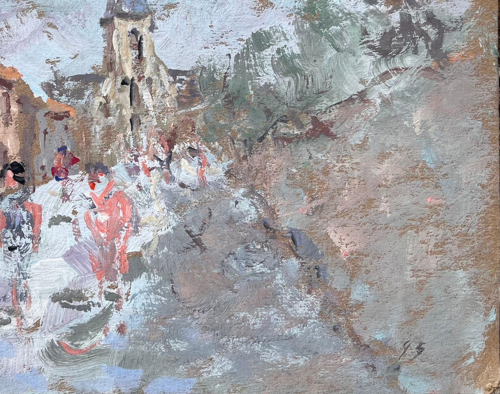 Fanch Lelfrench Village Street With Church Spire And Figures In Soft Pastels1995 photo vinterior