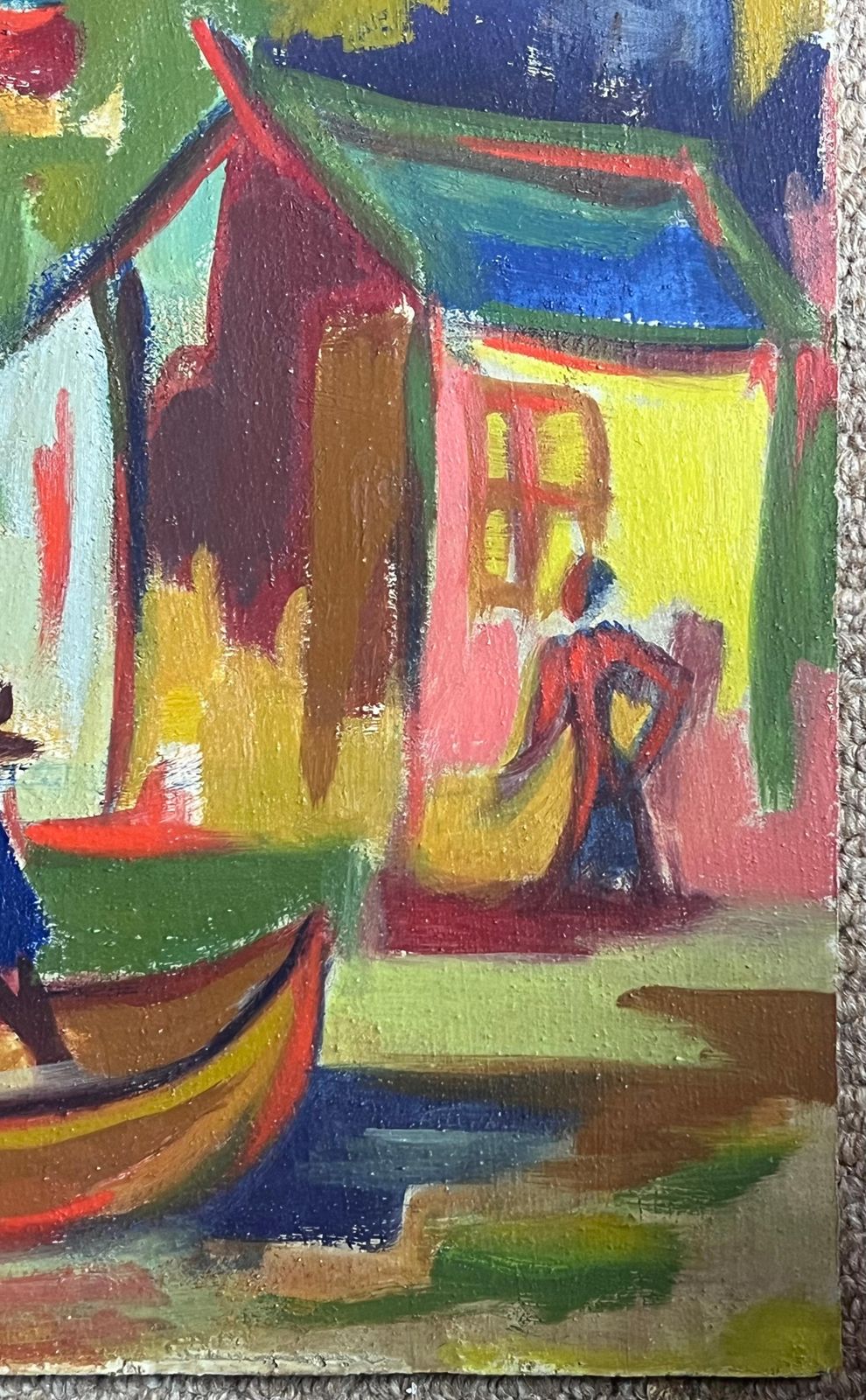 Raymond Guidotoriginal 20th Century French Modernist Oil Painting Man In Punt Boat By Houses photo Art
