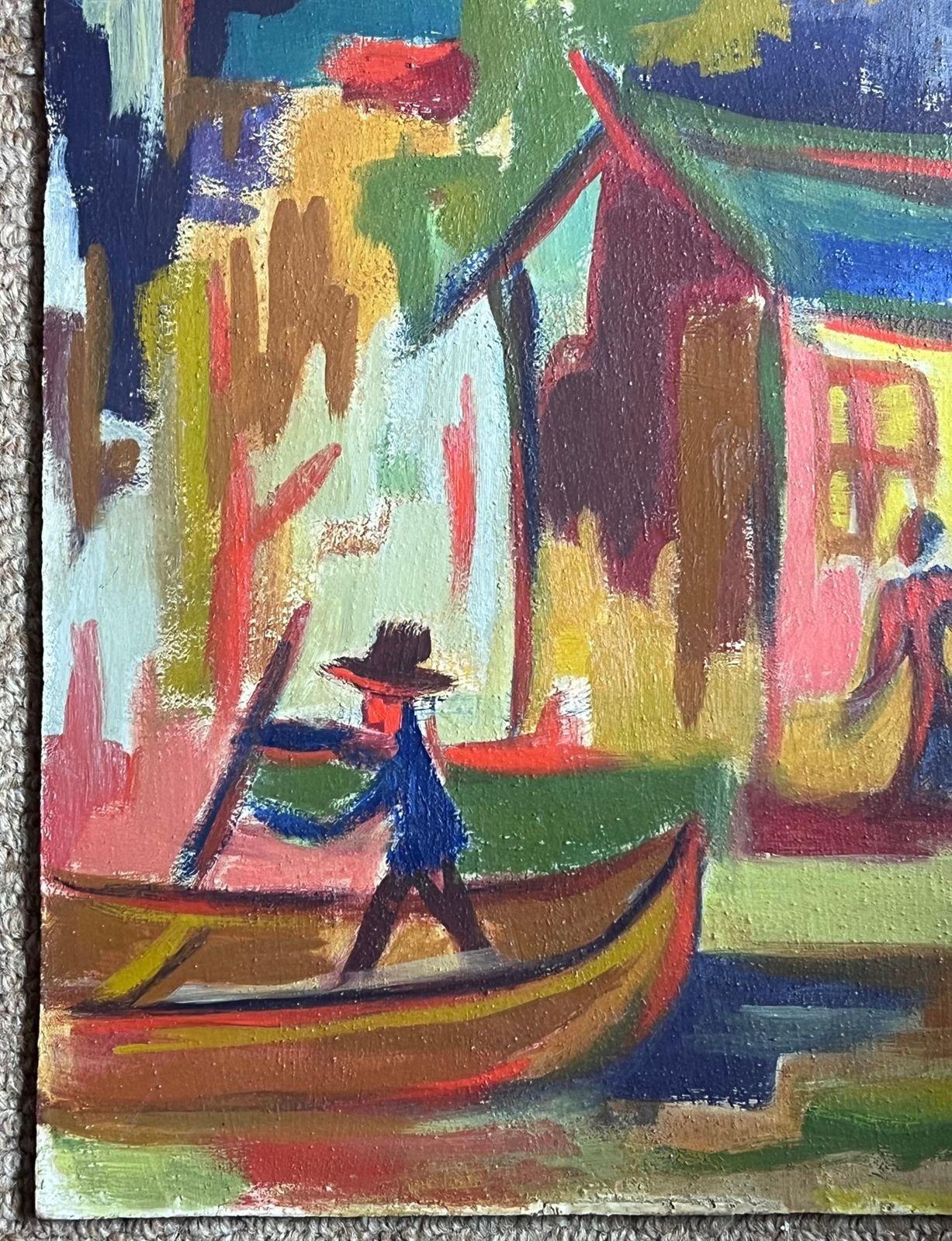 Raymond Guidotoriginal 20th Century French Modernist Oil Painting Man In Punt Boat By Houses photo 663.0