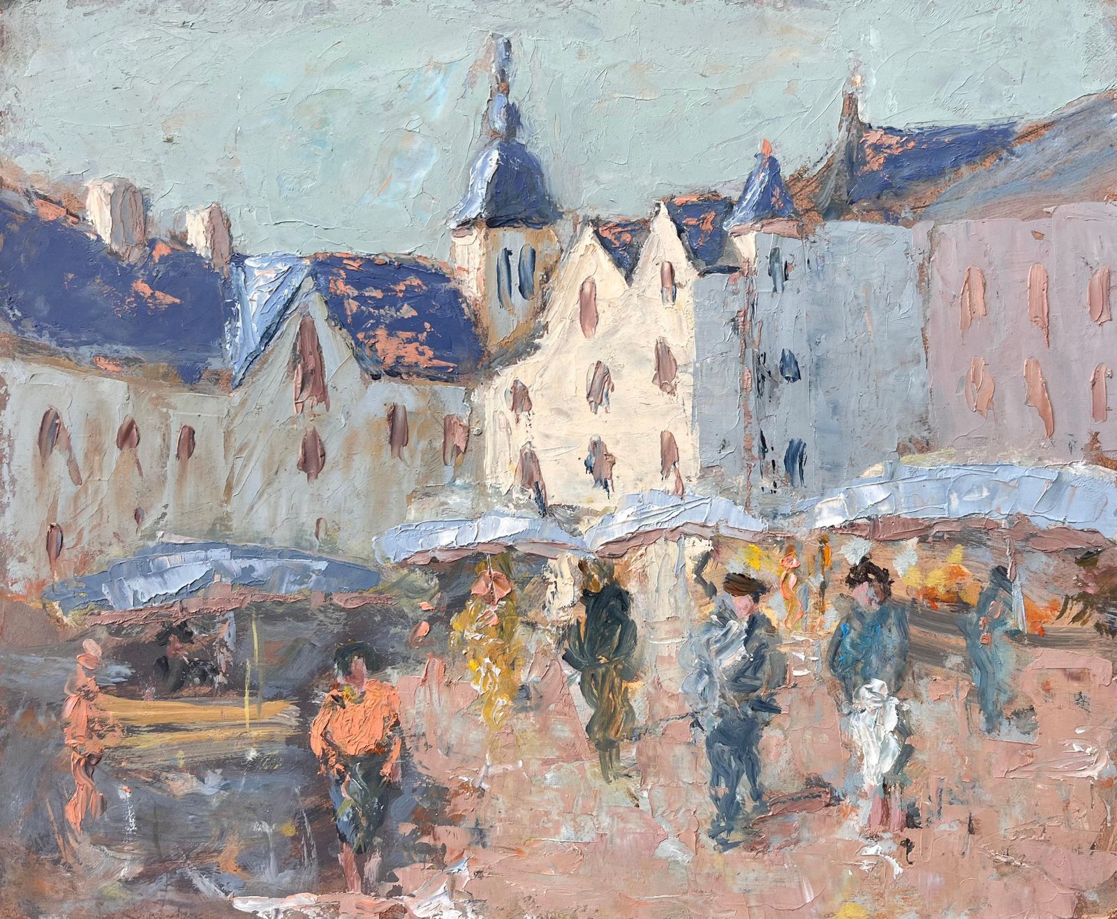 Fanch Lelfrench Town Square Impressionist Painting With Figures And Market Stalls1999