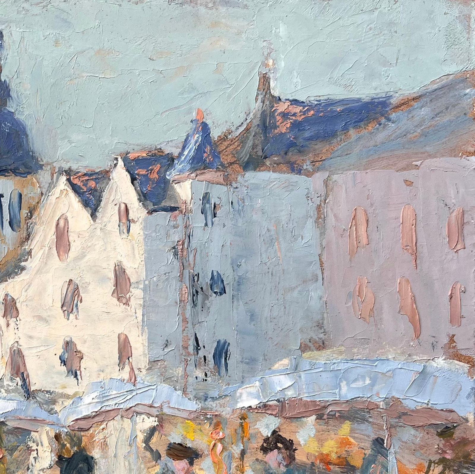 Fanch Lelfrench Town Square Impressionist Painting With Figures And Market Stalls1999 photo Art