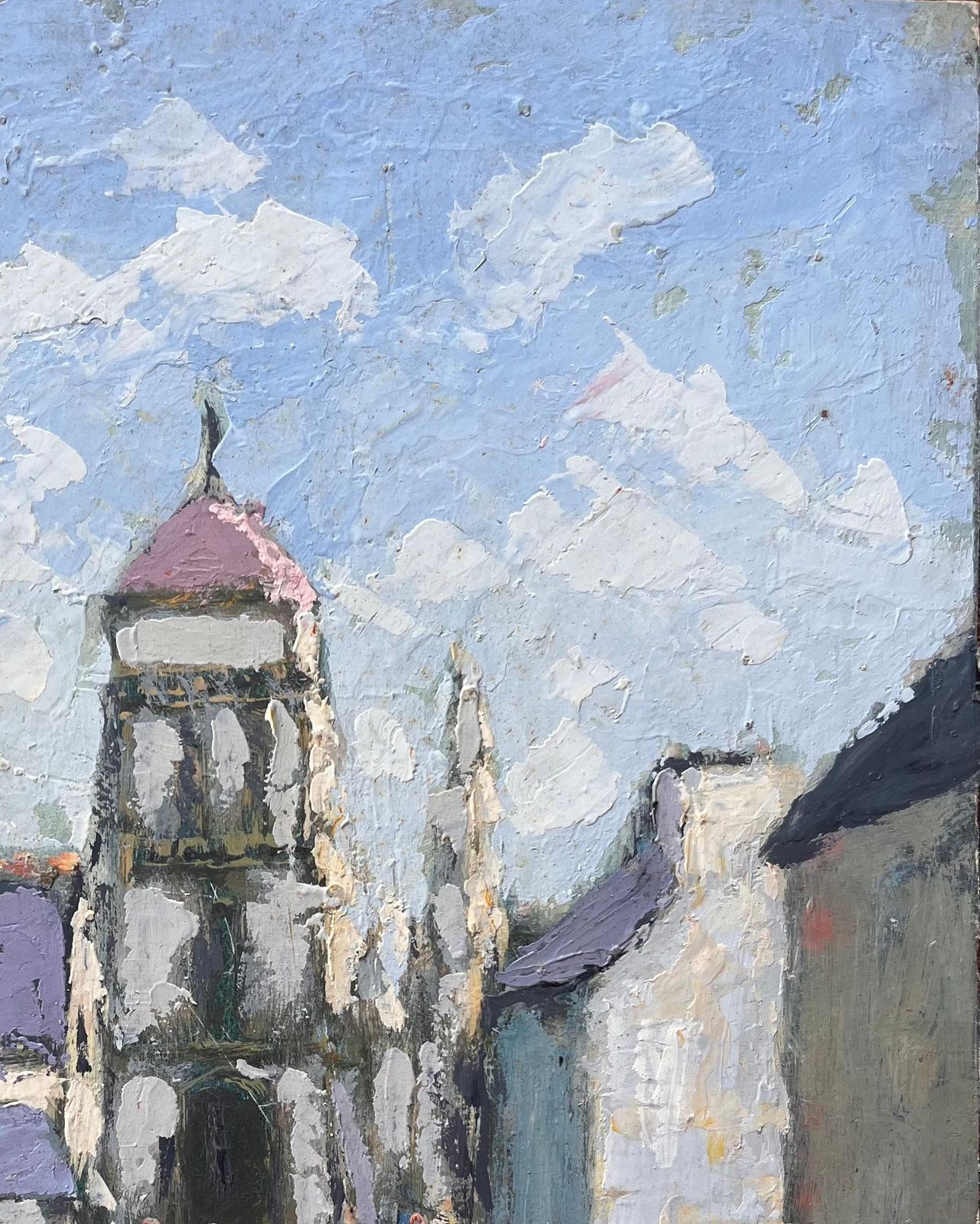 Fanch Lelfrench Village Procession With Church Tower And Colourful Figures Under Blue Sky photo vinterior