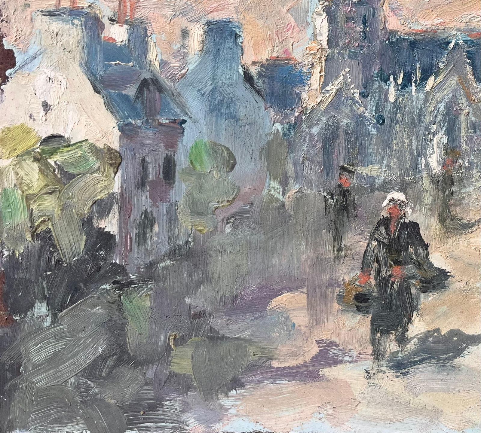 Fanch Lelst. Grawi French Impressionist Painting Of Village Street And Cathedral photo for sale