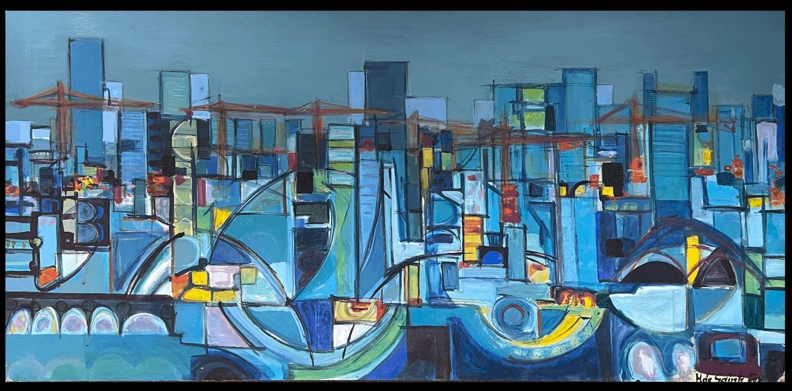 H. De Sainte Foihuge 20th Century French Cubist Abstract Cityscape In Blue Amazing Colors