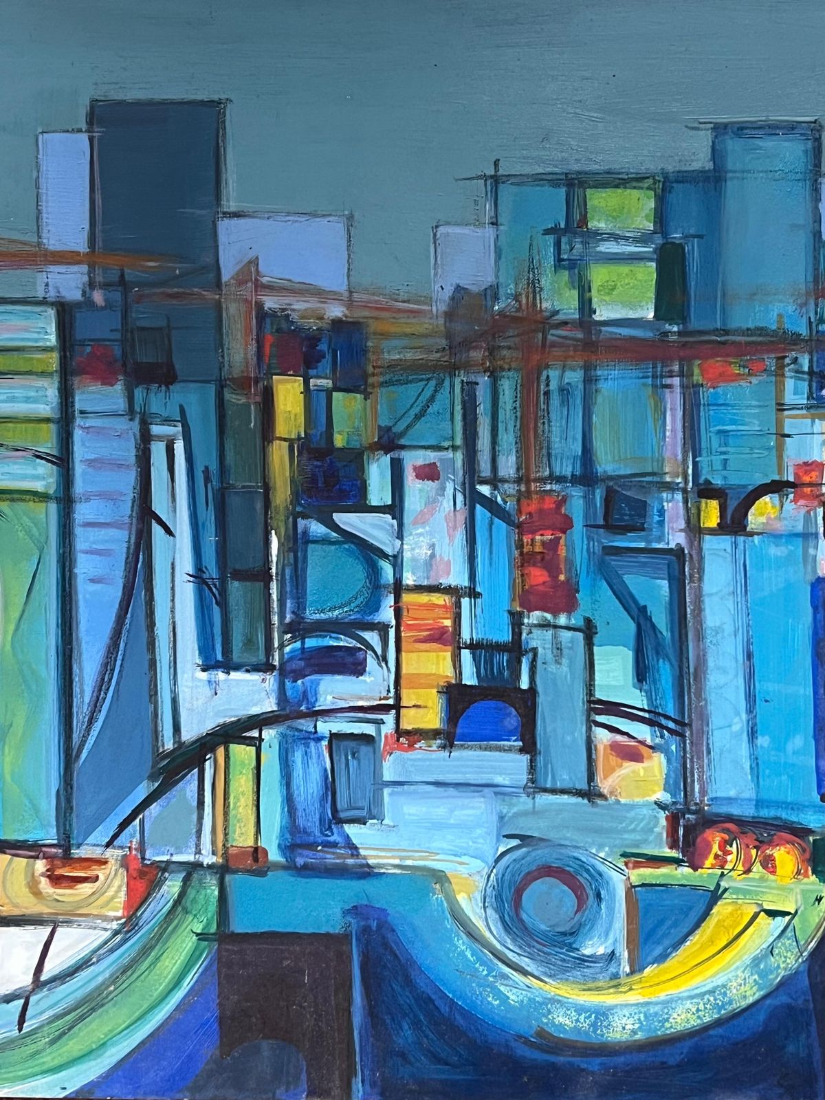 H. De Sainte Foihuge 20th Century French Cubist Abstract Cityscape In Blue Amazing Colors photo Art