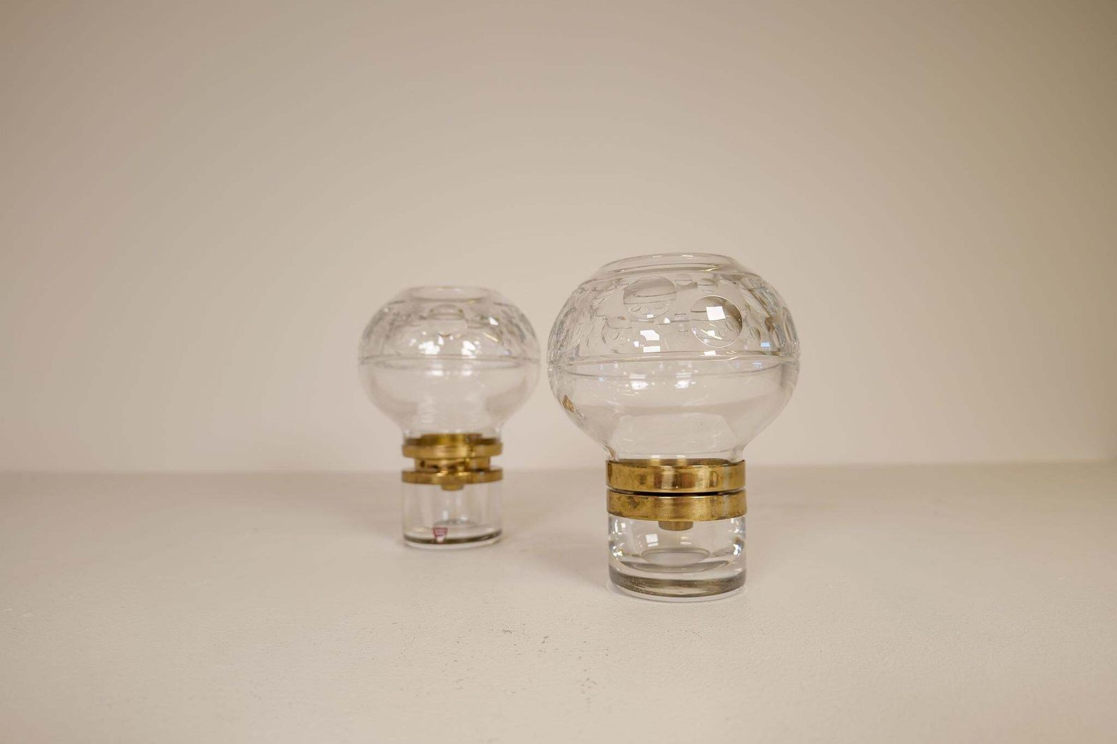 Scandinavian Modern Pair Of Heavy Clear Crystal Candle Holders Orrefors Sweden photo for sale