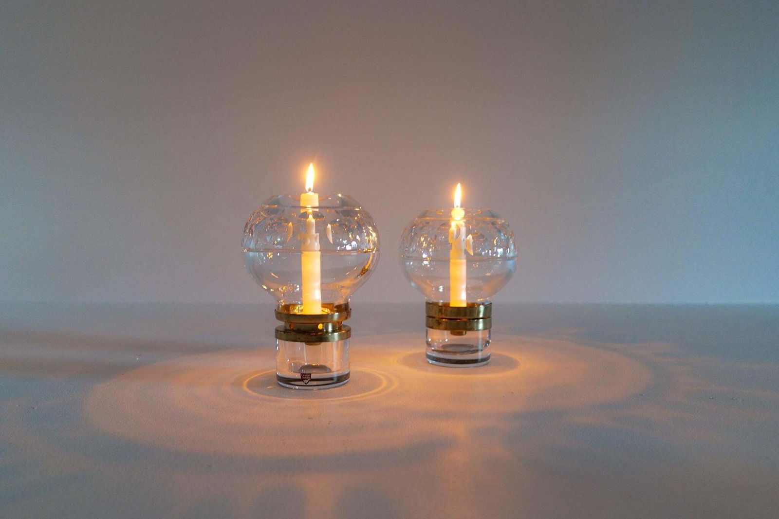 Scandinavian Modern Pair Of Heavy Clear Crystal Candle Holders Orrefors Sweden photo vintage