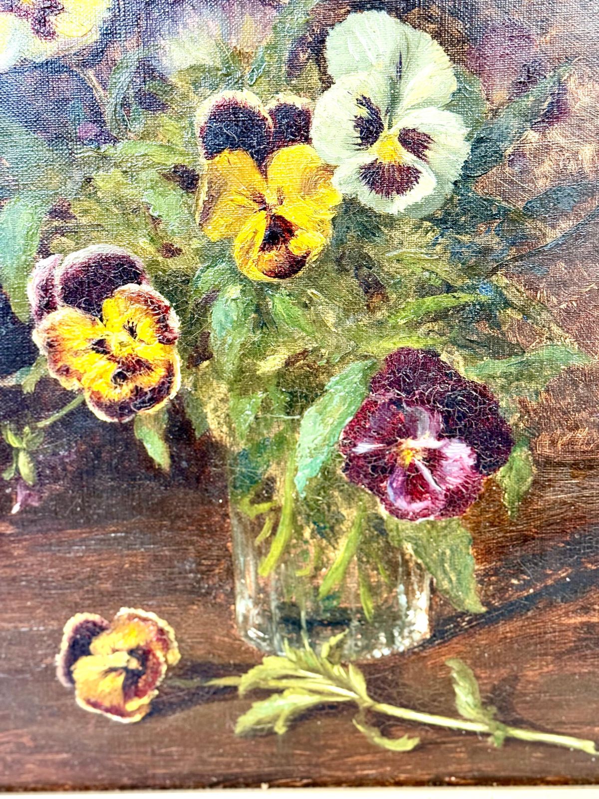 19th Century Oil Painting Of Pansies In Glass Vase With Giltwood Frame photo for sale