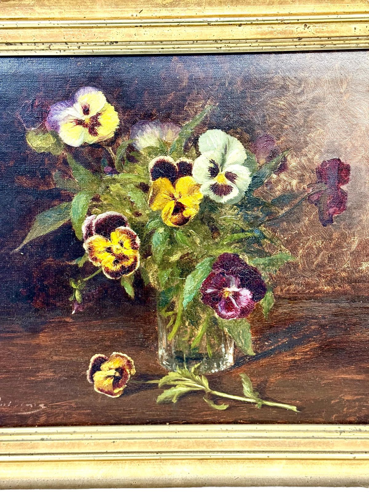 19th Century Oil Painting Of Pansies In Glass Vase With Giltwood Frame photo buy