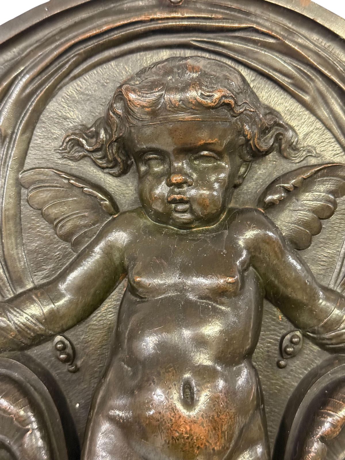 19th Century French Bronze Plaque With Winged Putto And Acanthus photo buy