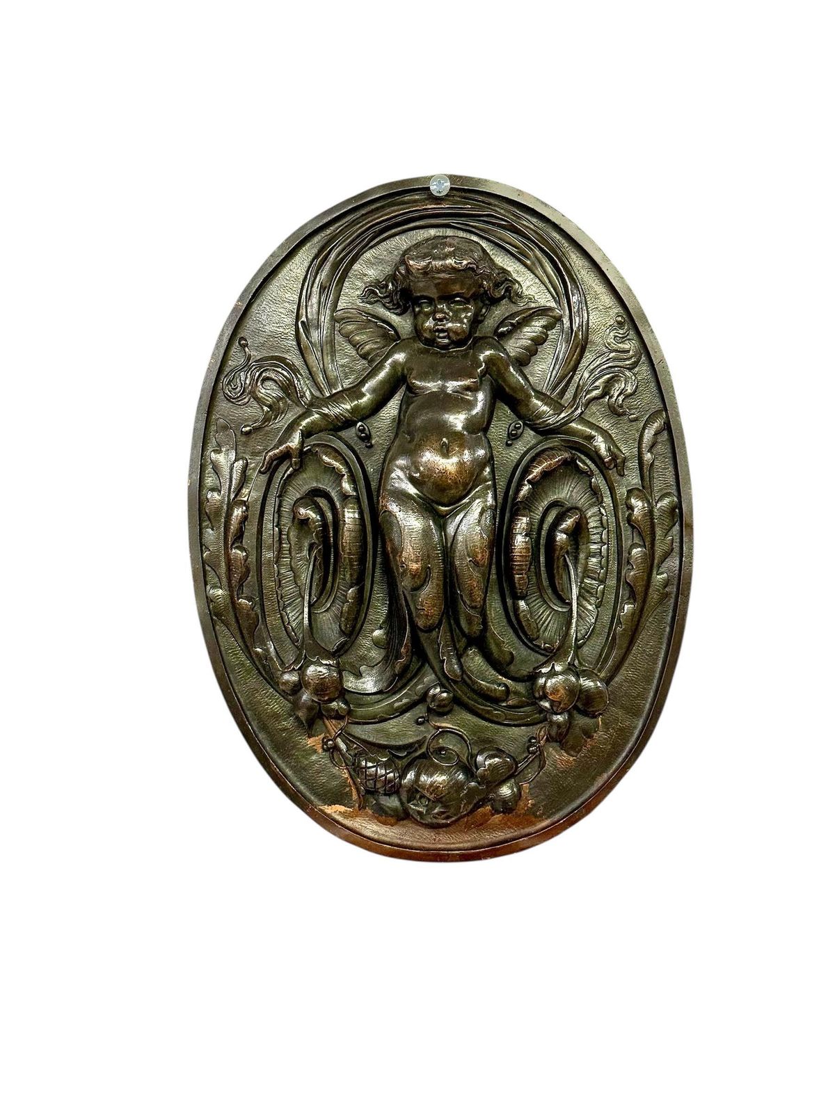 photo buy 19th Century French Bronze Plaque With Winged Putto And Acanthus