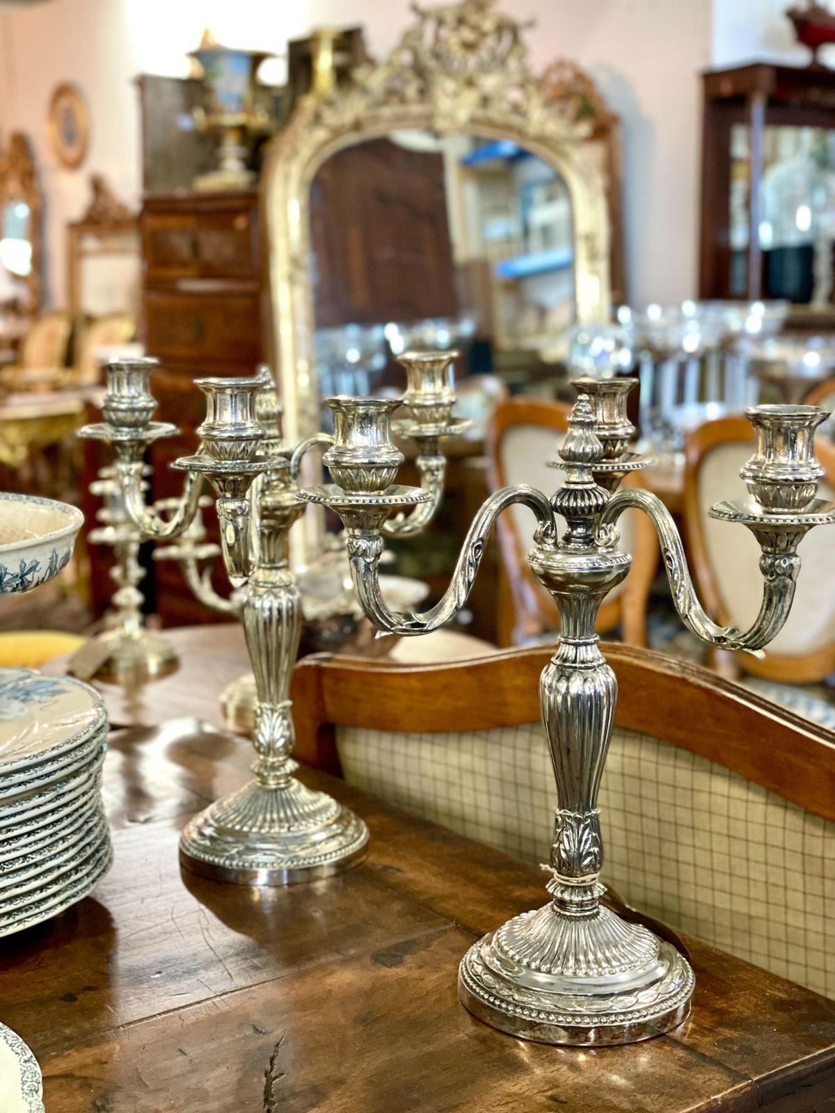 photo vintage Pair Of Rare Large Bronze Silver Plated Candelabras, 19th Century