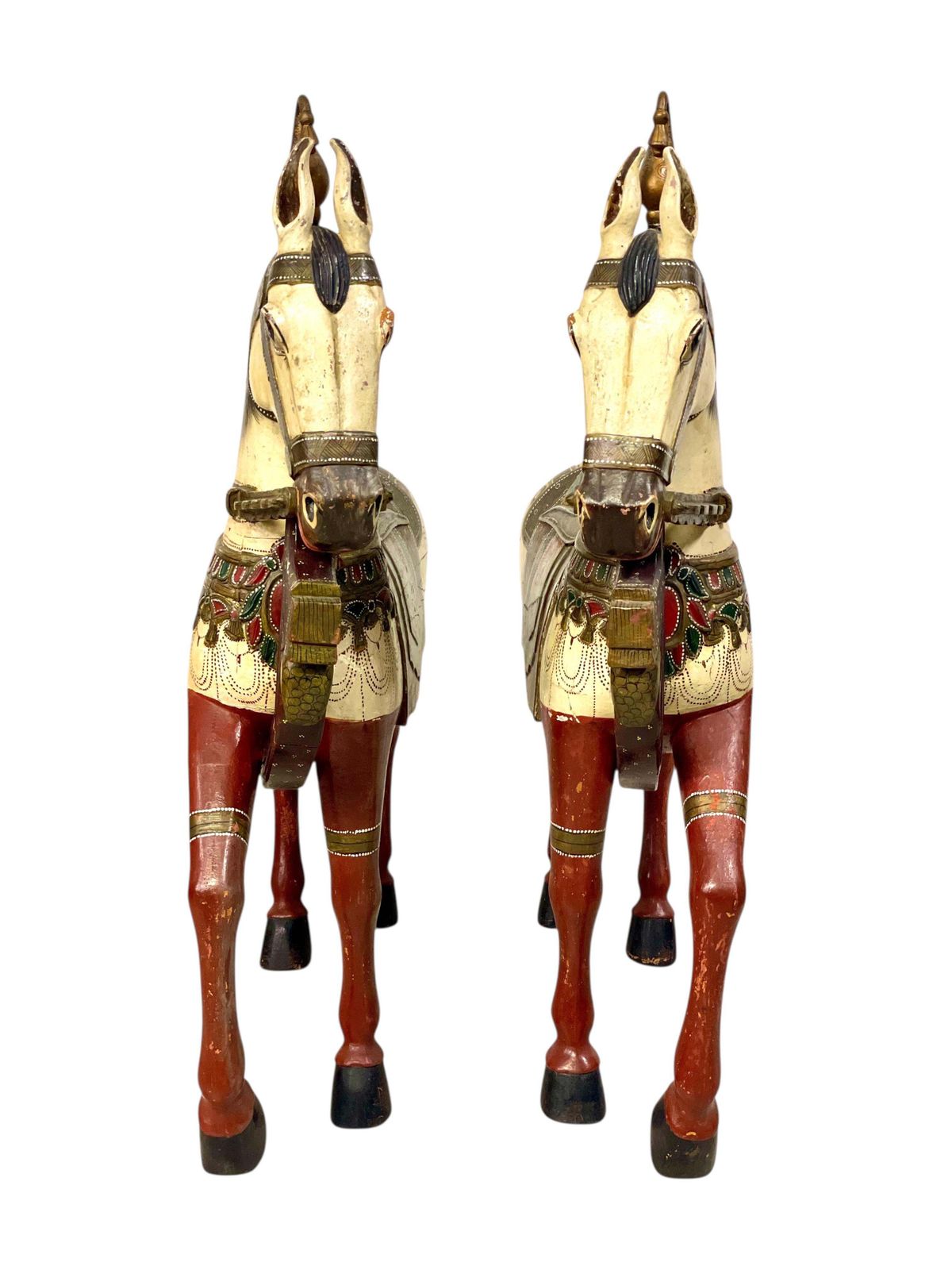 Pair Of Large Hand Painted Indian Horses With Peacock Saddles photo for sale