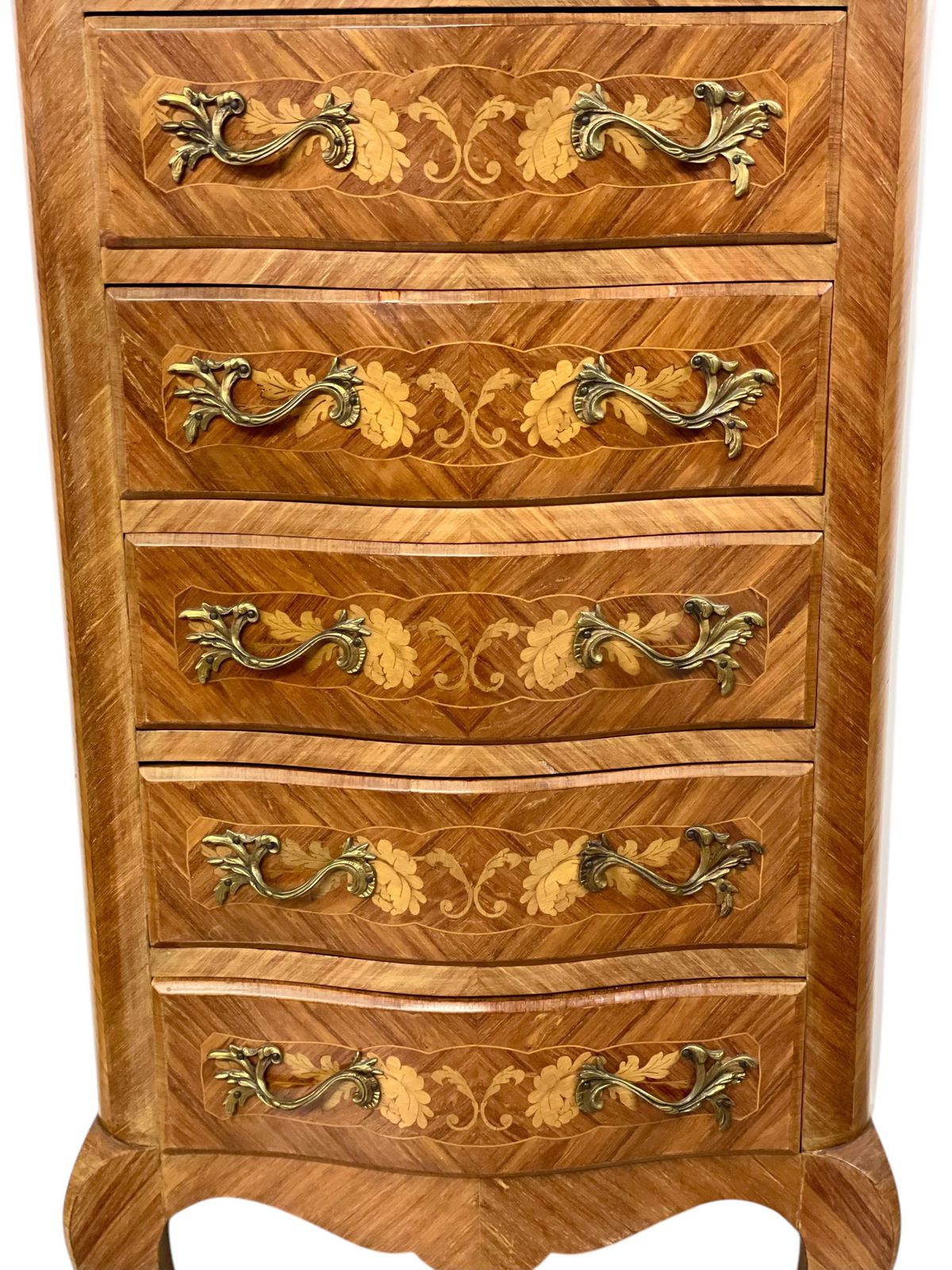 photo for sale Louis XV Style Marquetry Chiffonnier With Pink Marble Top And Ormolu Mounts