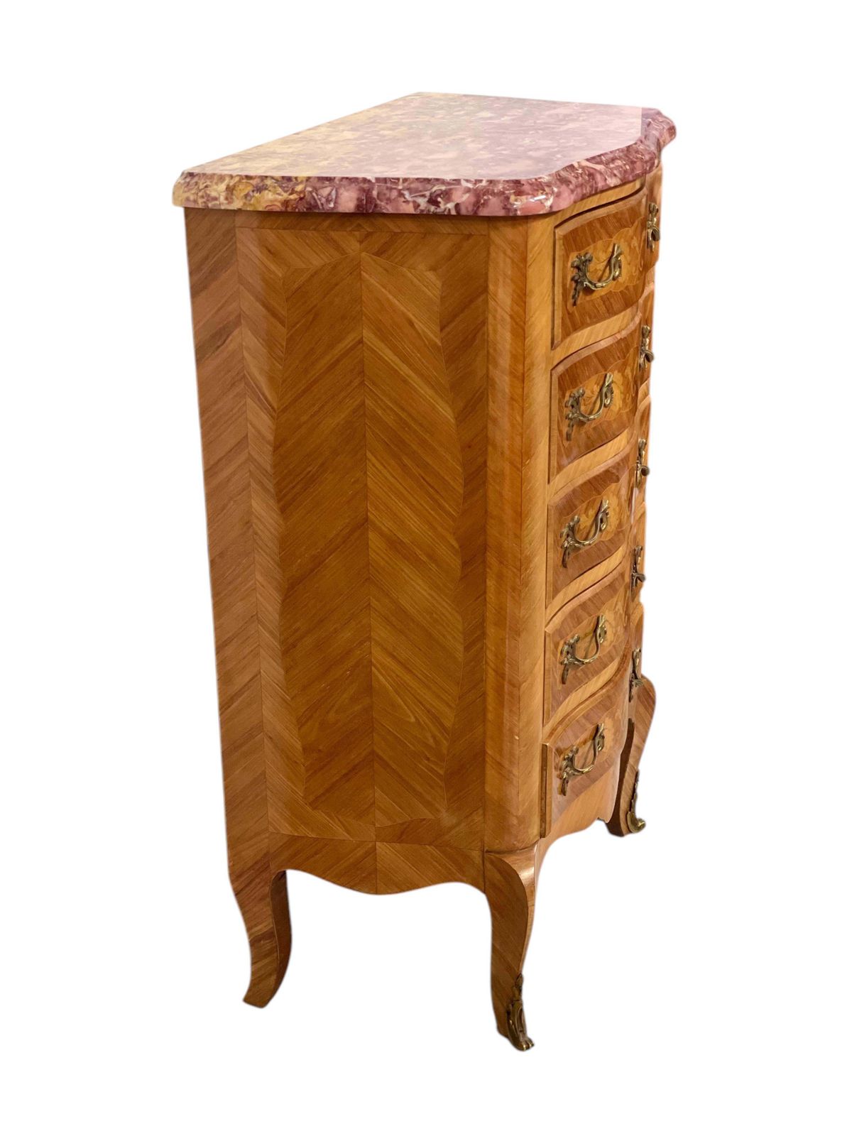 photo vintage Louis XV Style Marquetry Chiffonnier With Pink Marble Top And Ormolu Mounts