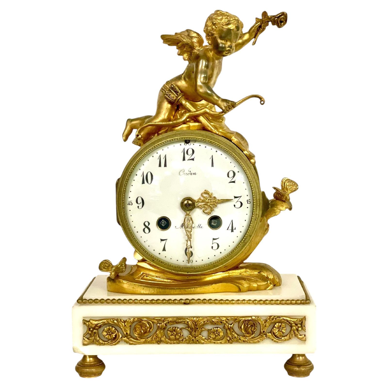 19th Century Gilt Bronze And Marble Clock, Signed Oudin à Marseille