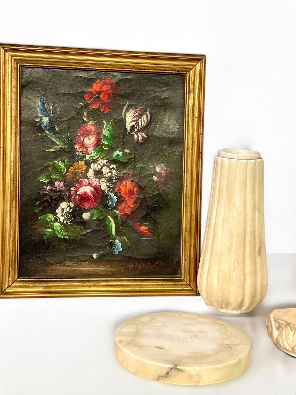 photo furniture Floral Oil Painting Signed B. Girodelle, 19th Century