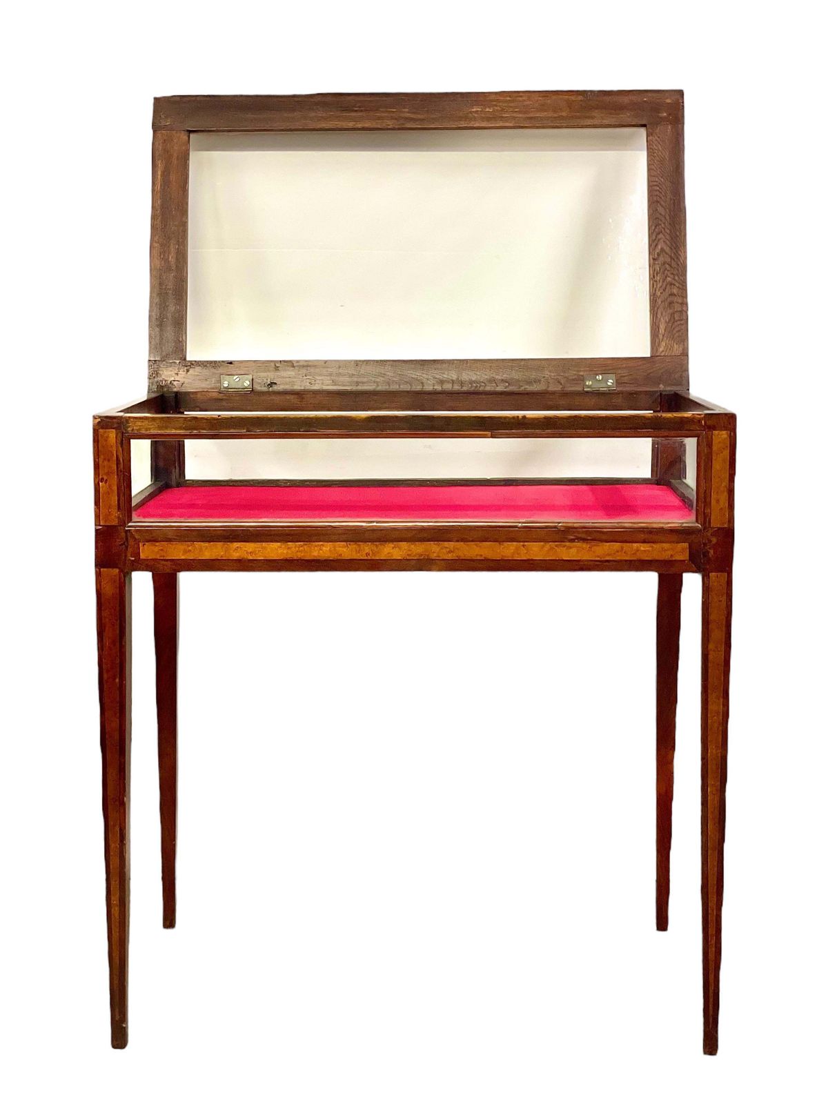19th Century Walnut Inlaid Glass Display Table With Red Velvet Interior photo for sale