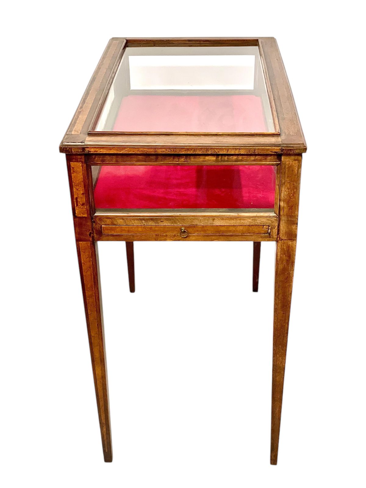 19th Century Walnut Inlaid Glass Display Table With Red Velvet Interior photo 2656.0