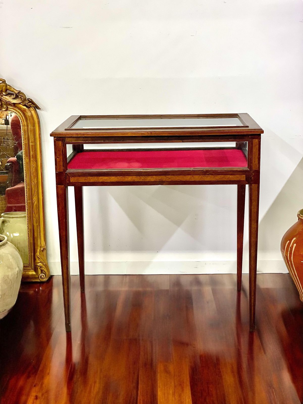 19th Century Walnut Inlaid Glass Display Table With Red Velvet Interior photo buy