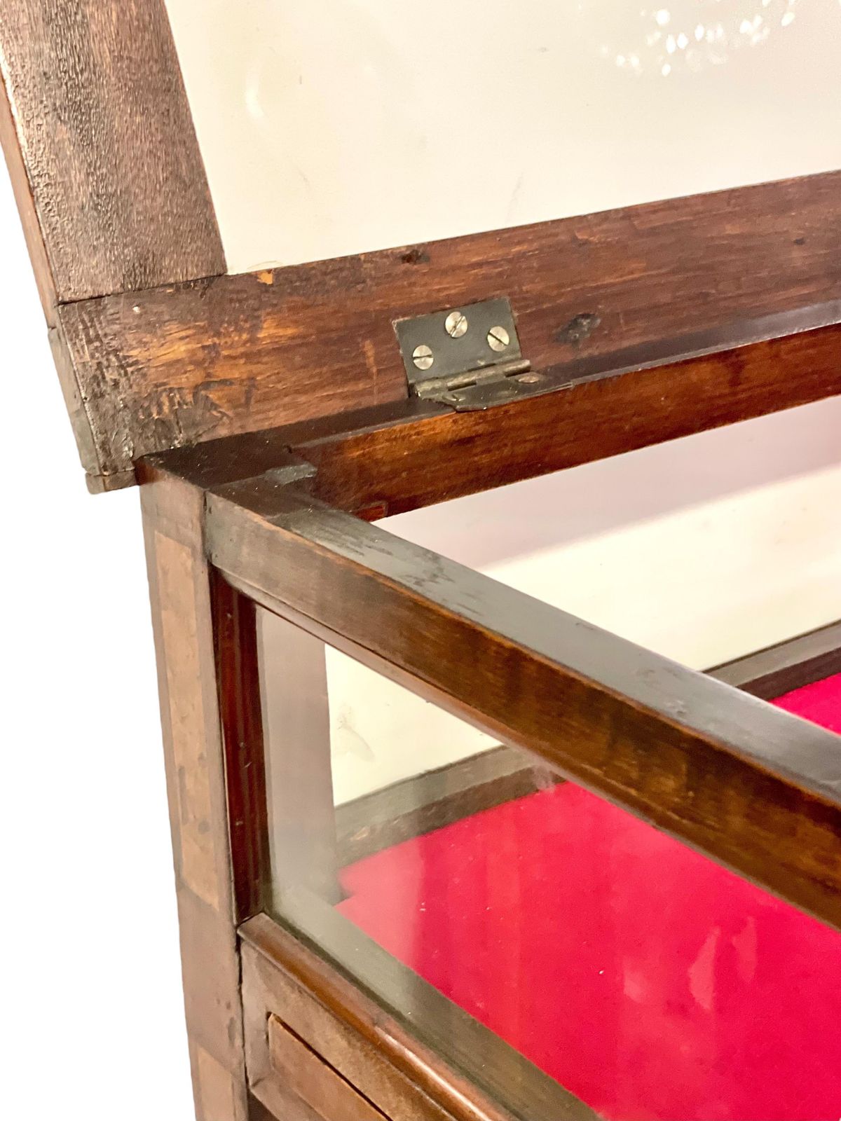 2656.0 19th Century Walnut Inlaid Glass Display Table With Red Velvet Interior photo