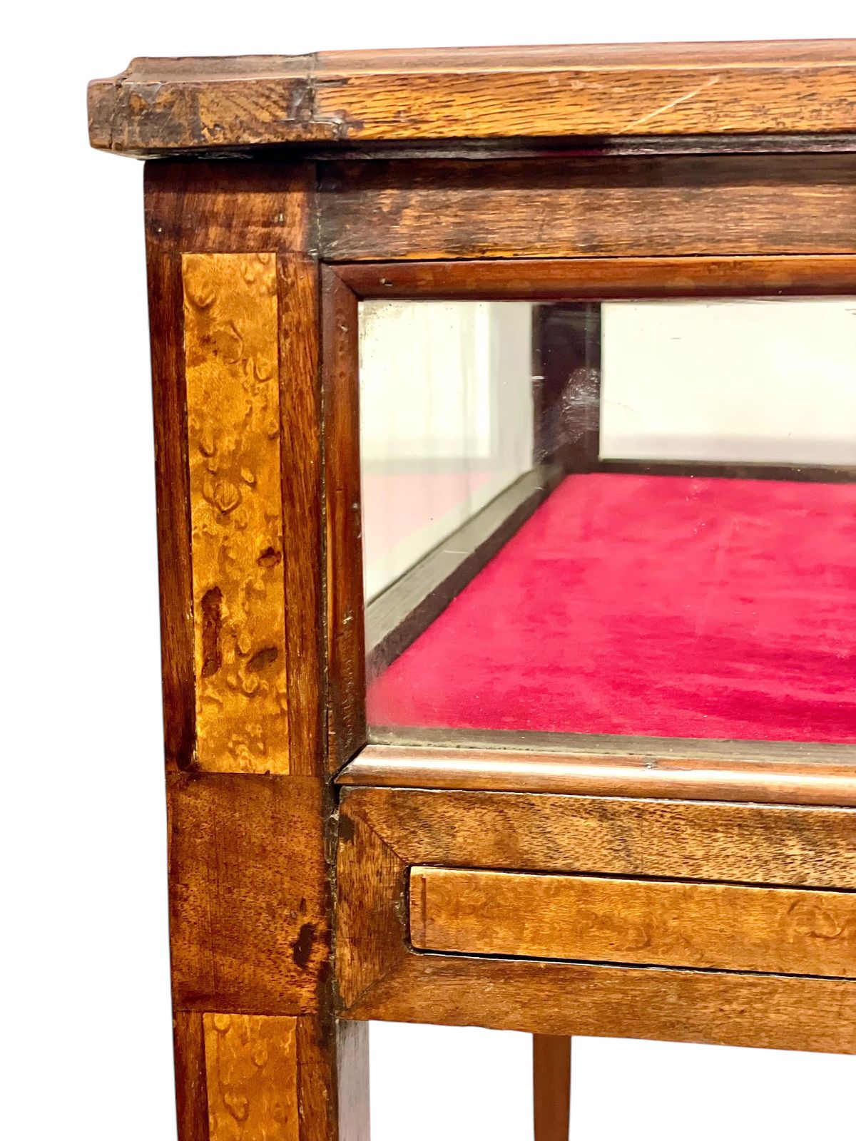 photo buy 19th Century Walnut Inlaid Glass Display Table With Red Velvet Interior
