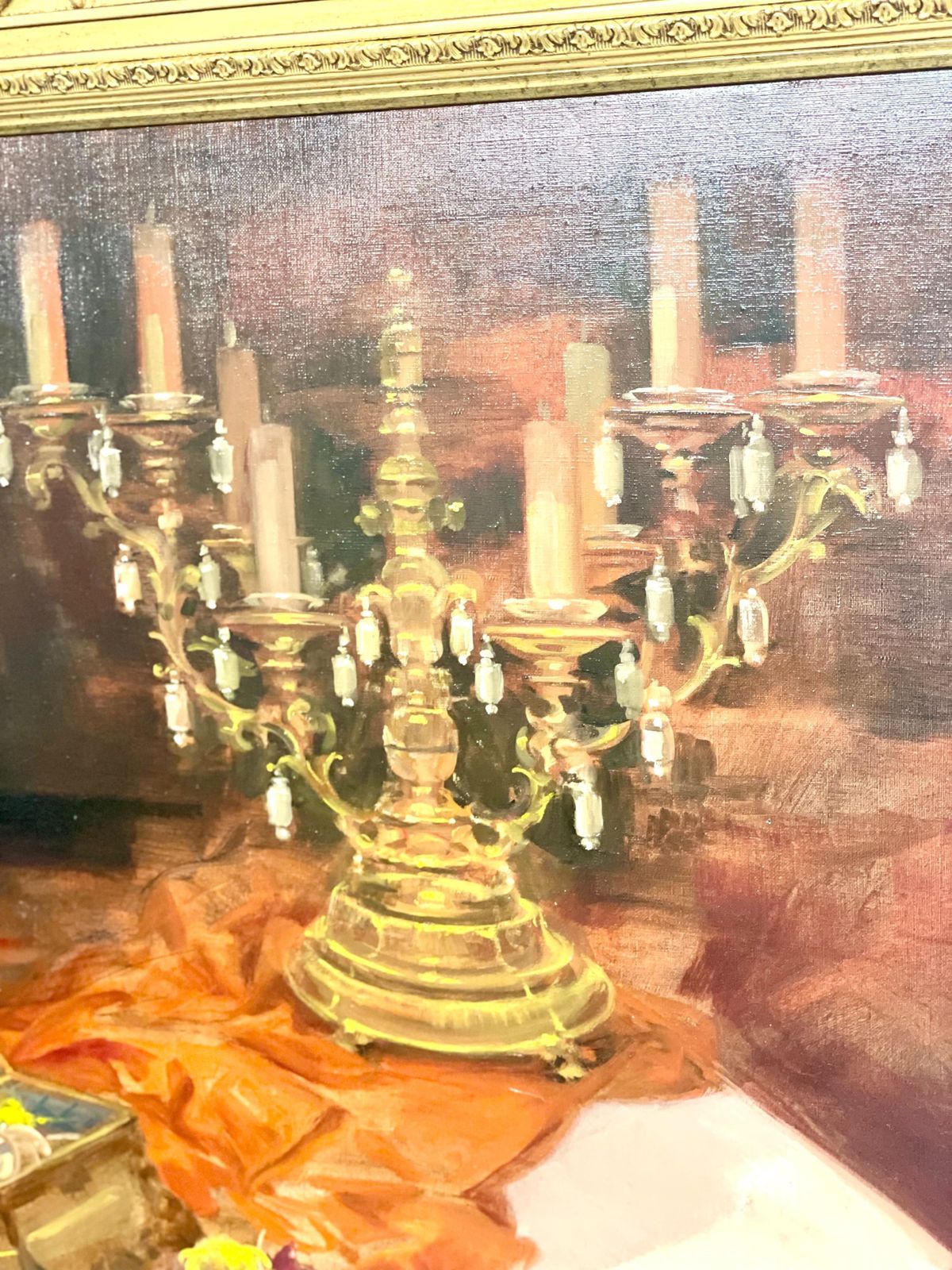 Large Still Life Painting With Flowers, Jewelry And Candelabra photo furniture