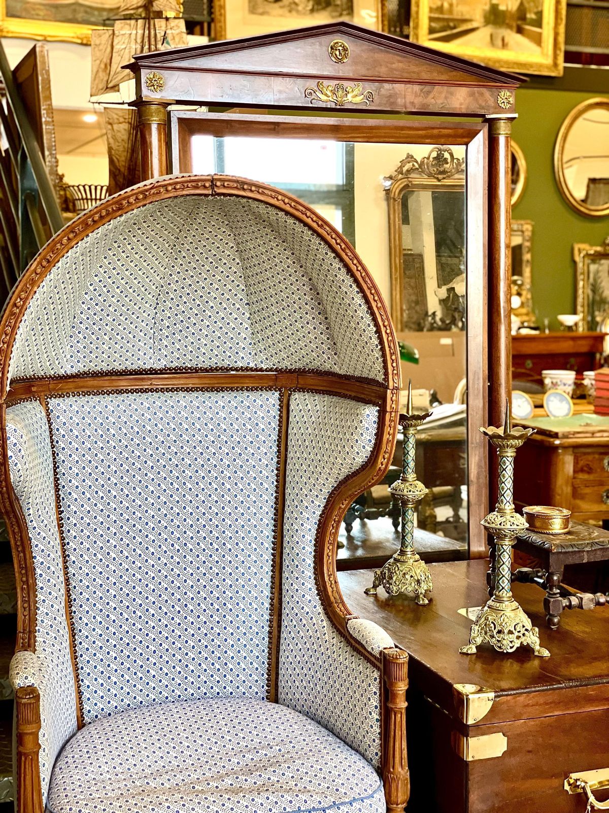photo vintage Rare Imposing First Empire Walnut And Gilt Bronze Cheval Mirror