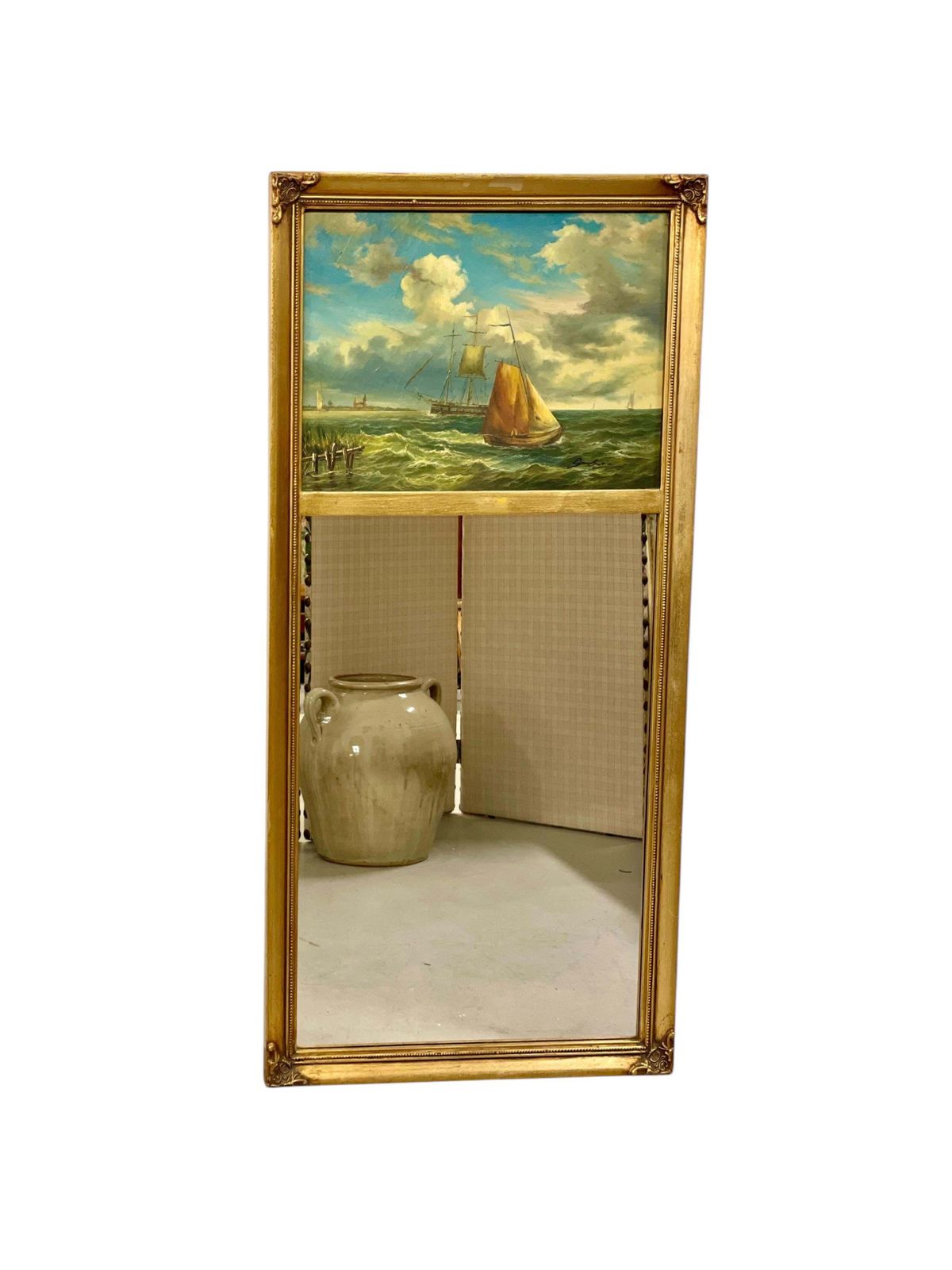 Home Decor 19th Century Gilded Trumeau Mirror With Maritime Painting photo