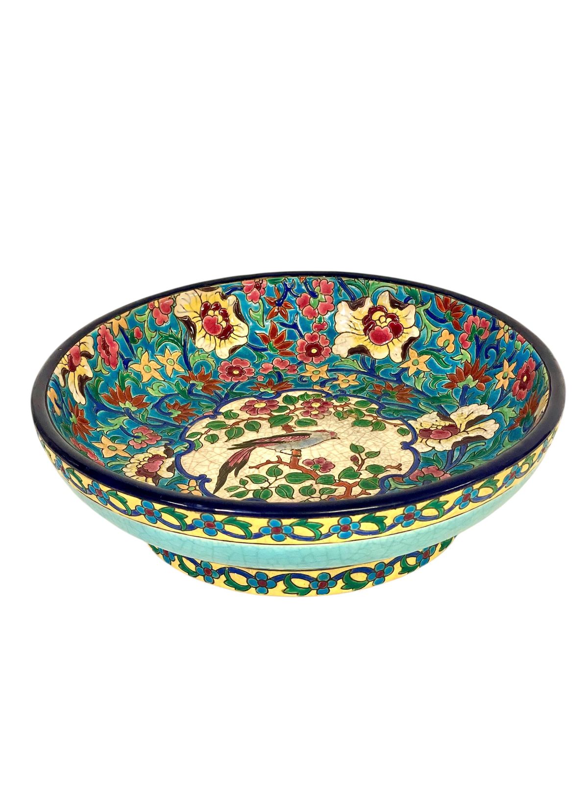 19th Century Longwy Large Enamel Bowl With Floral And Bird Motifs photo furniture