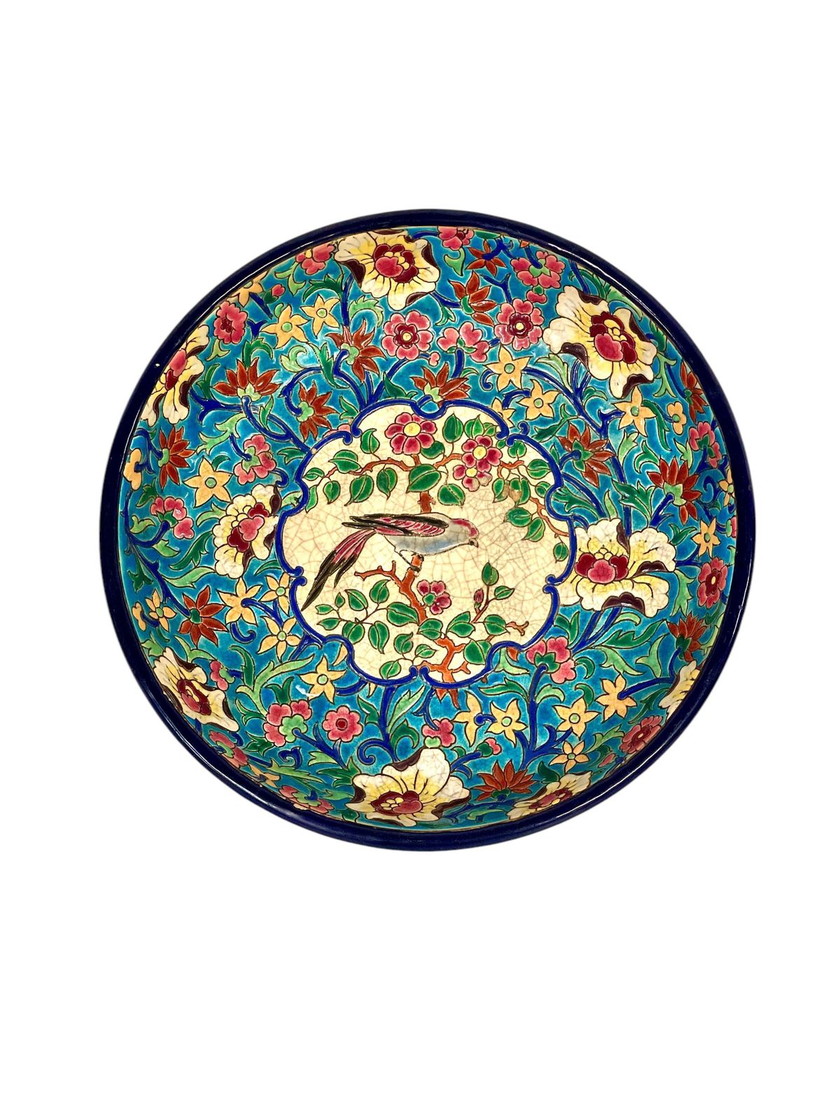 photo vintage 19th Century Longwy Large Enamel Bowl With Floral And Bird Motifs