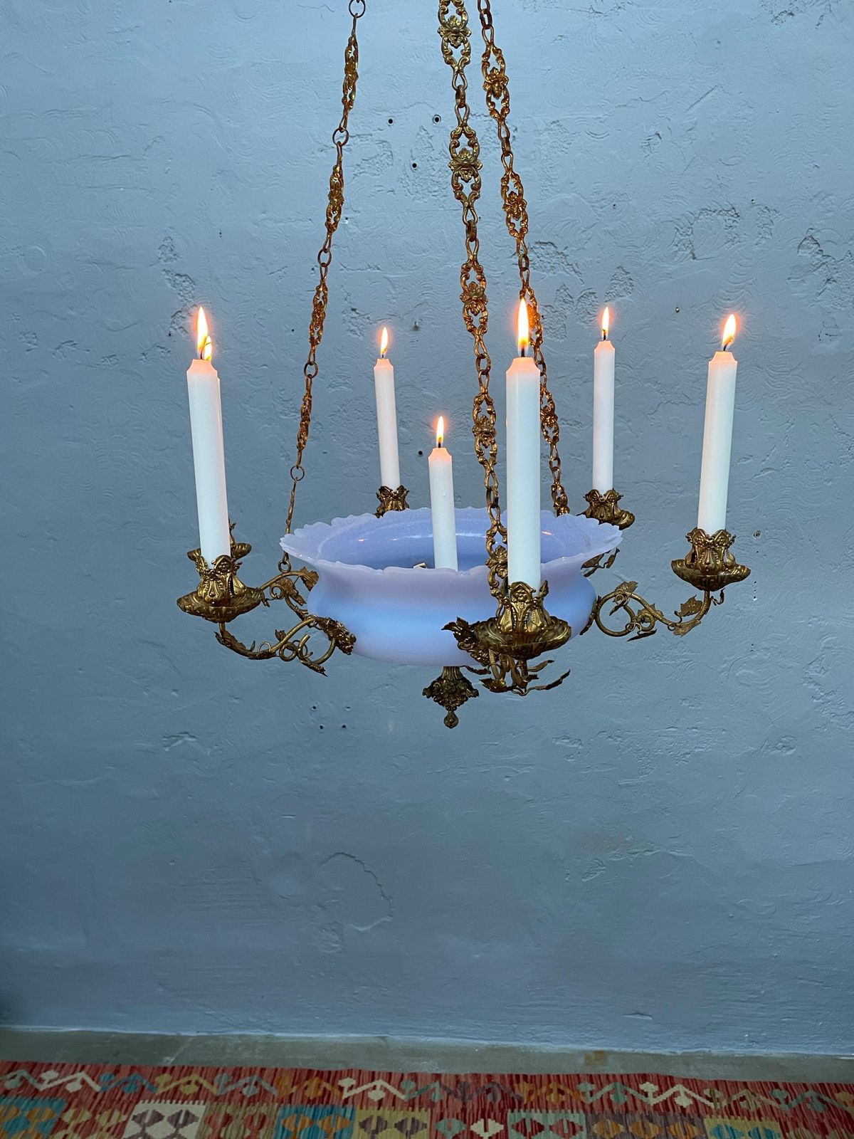 Antique Candelabra In Blue Glass And With Brass Fittings From The 1800s photo Home Decor