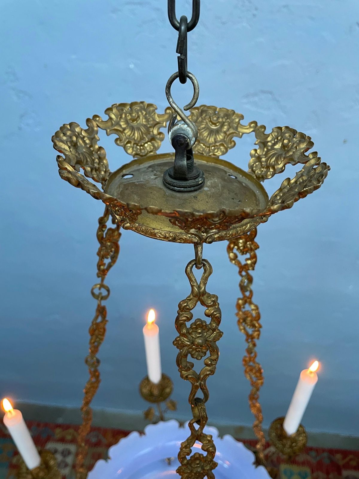 Antique Candelabra In Blue Glass And With Brass Fittings From The 1800s photo buy