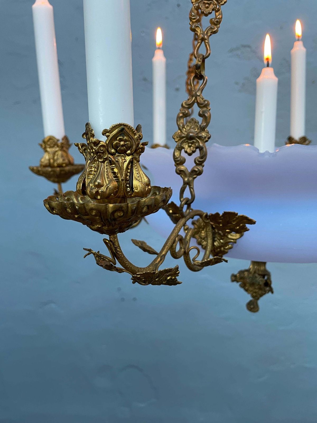 photo buy Antique Candelabra In Blue Glass And With Brass Fittings From The 1800s
