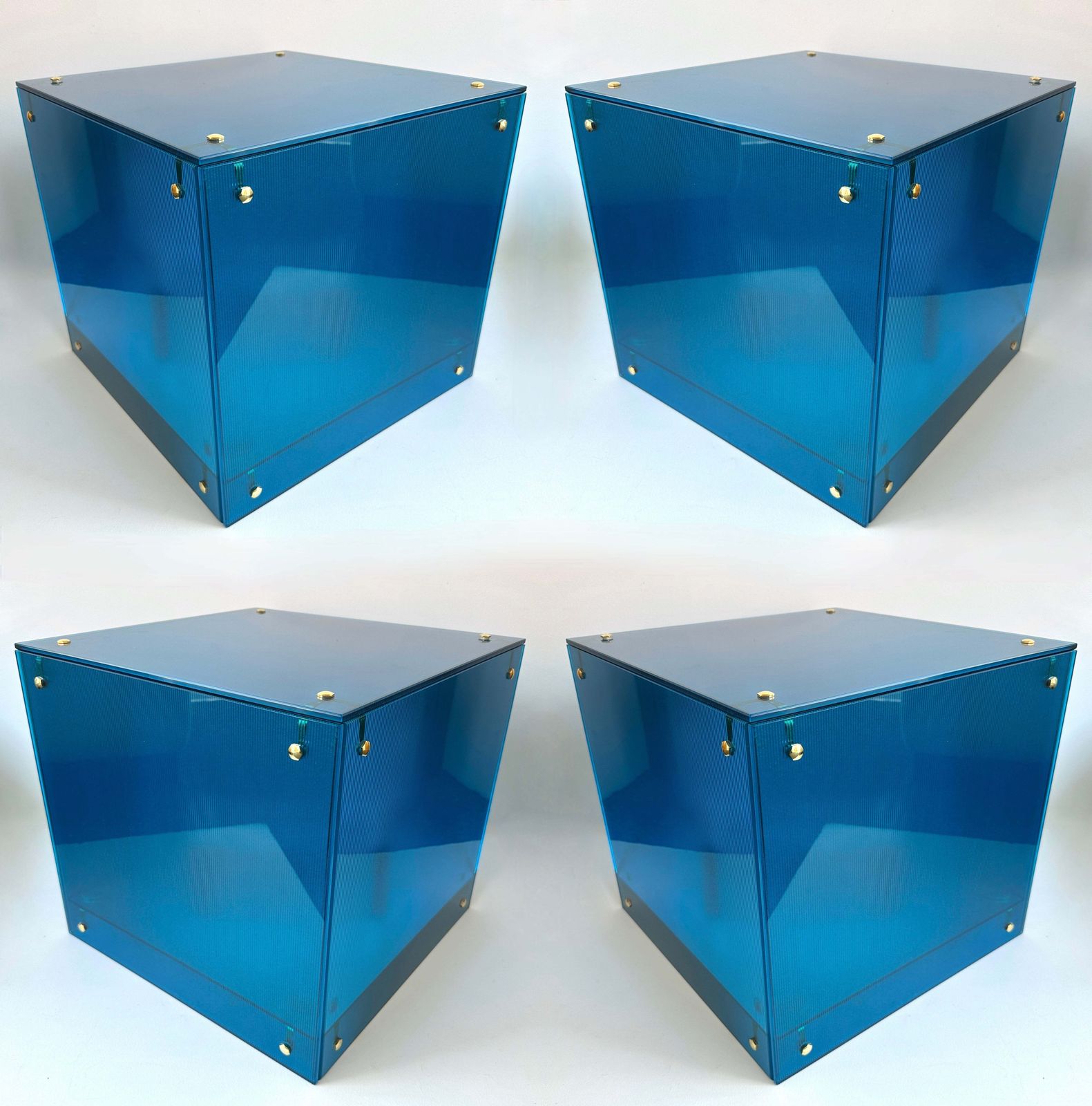 Contemporary Cube Lamp Blue Murano Glass And Brass, Italy