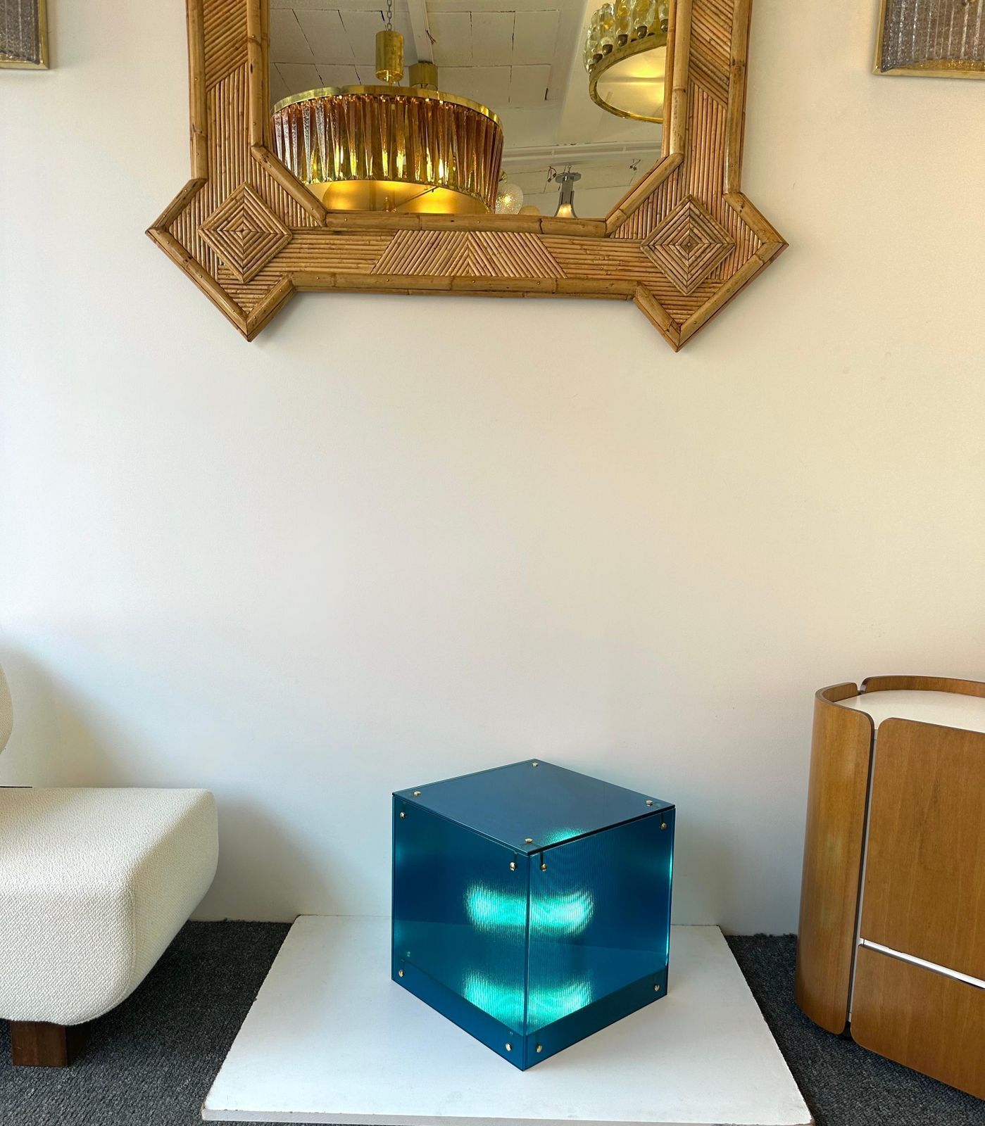 Contemporary Cube Lamp Blue Murano Glass And Brass, Italy photo for sale