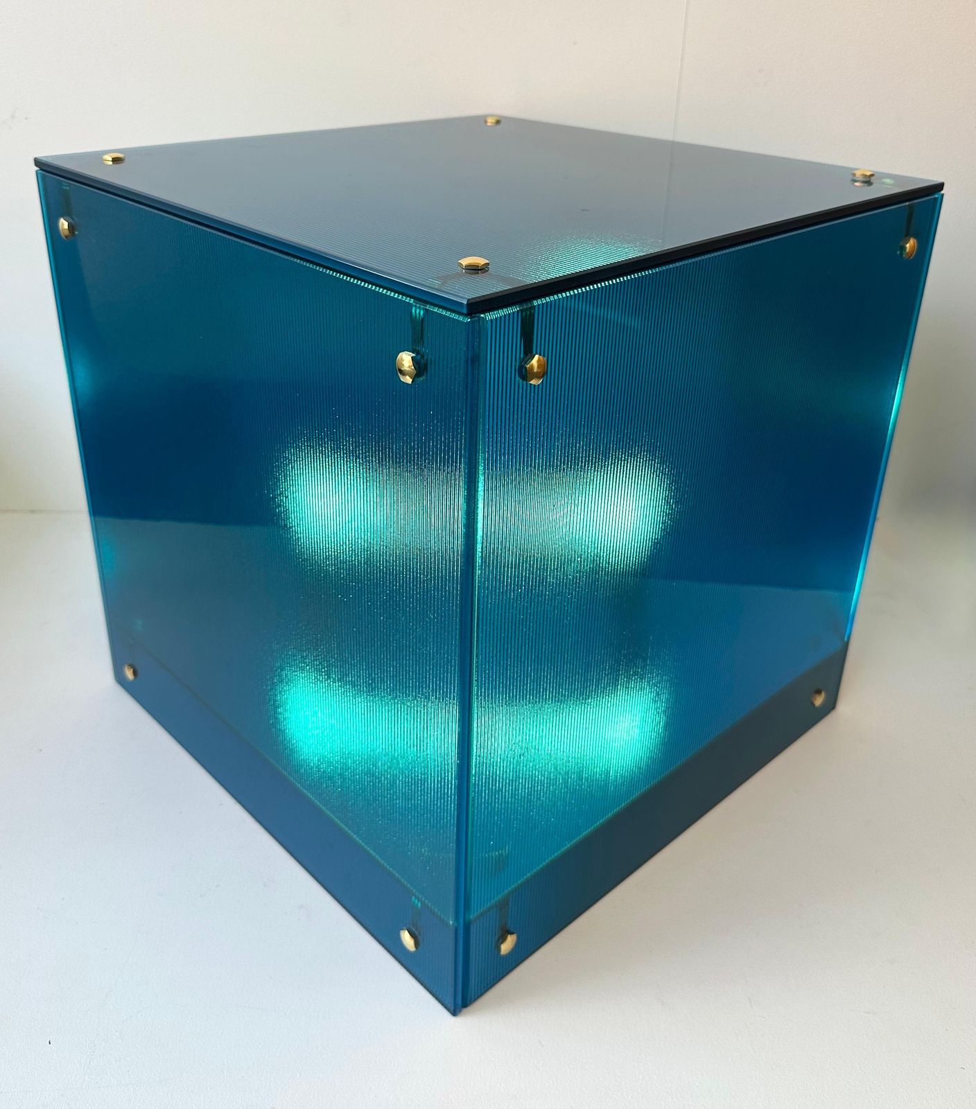 Contemporary Cube Lamp Blue Murano Glass And Brass, Italy photo 2573.0