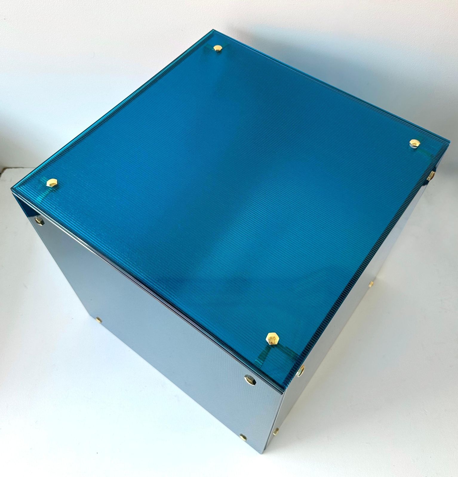 Contemporary Cube Lamp Blue Murano Glass And Brass, Italy photo buy