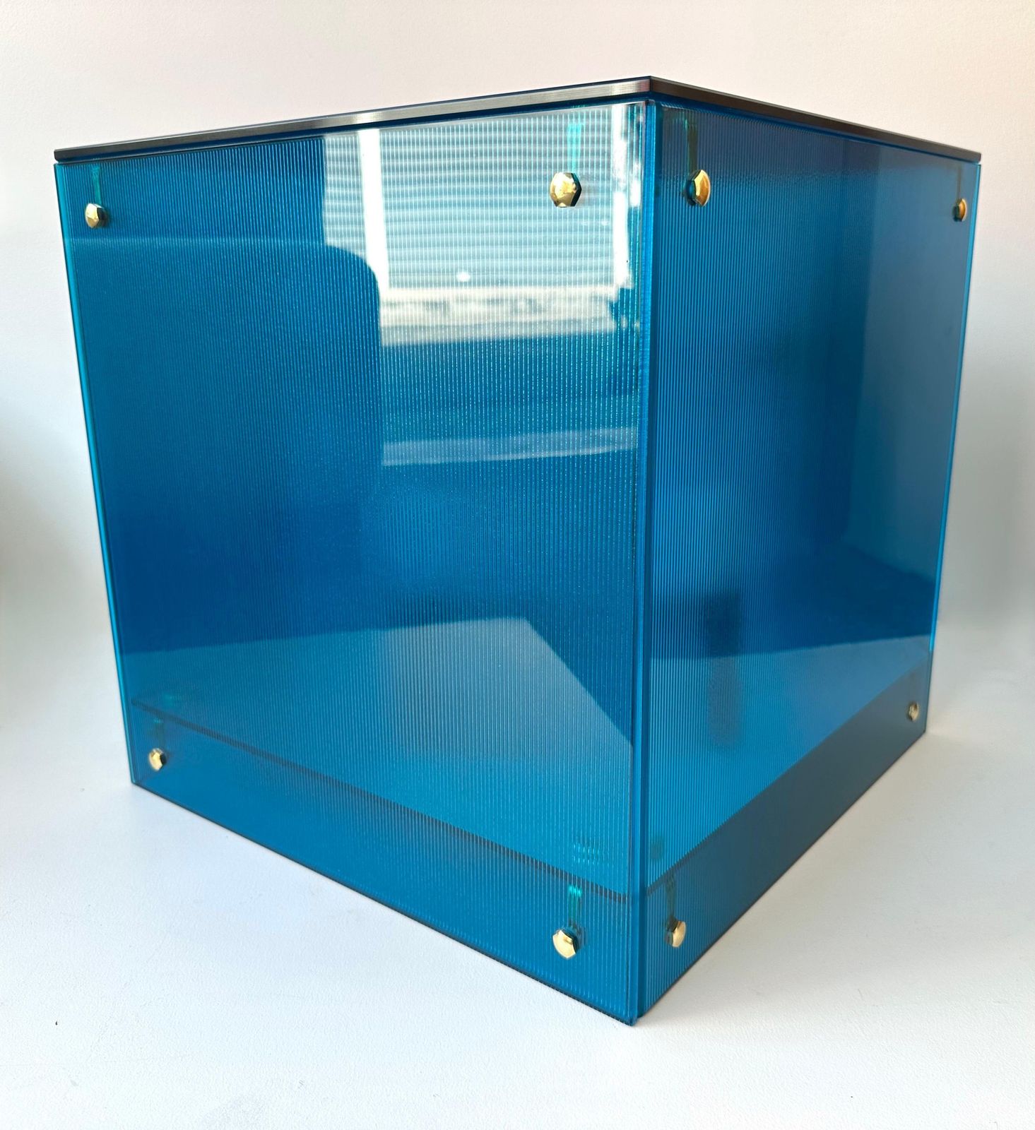 Contemporary Cube Lamp Blue Murano Glass And Brass, Italy photo vintage