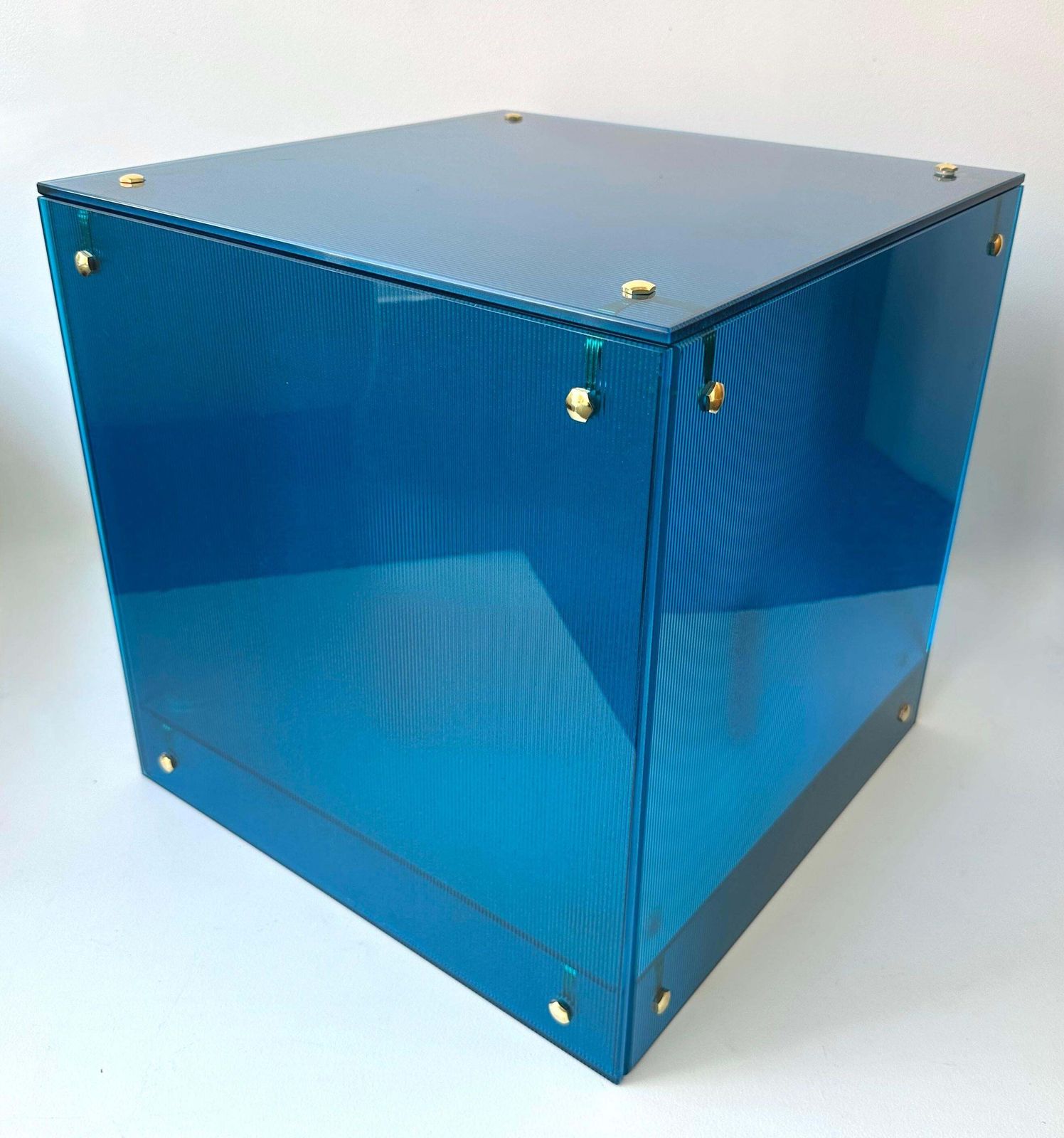 photo furniture Contemporary Cube Lamp Blue Murano Glass And Brass, Italy