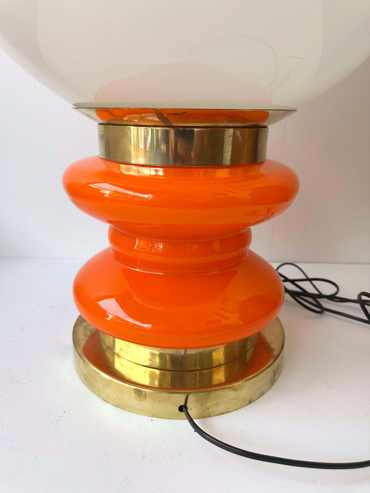 photo for sale Contemporary Pair Of Brass And Orange Murano Glass Bulbs Lamps, Italy