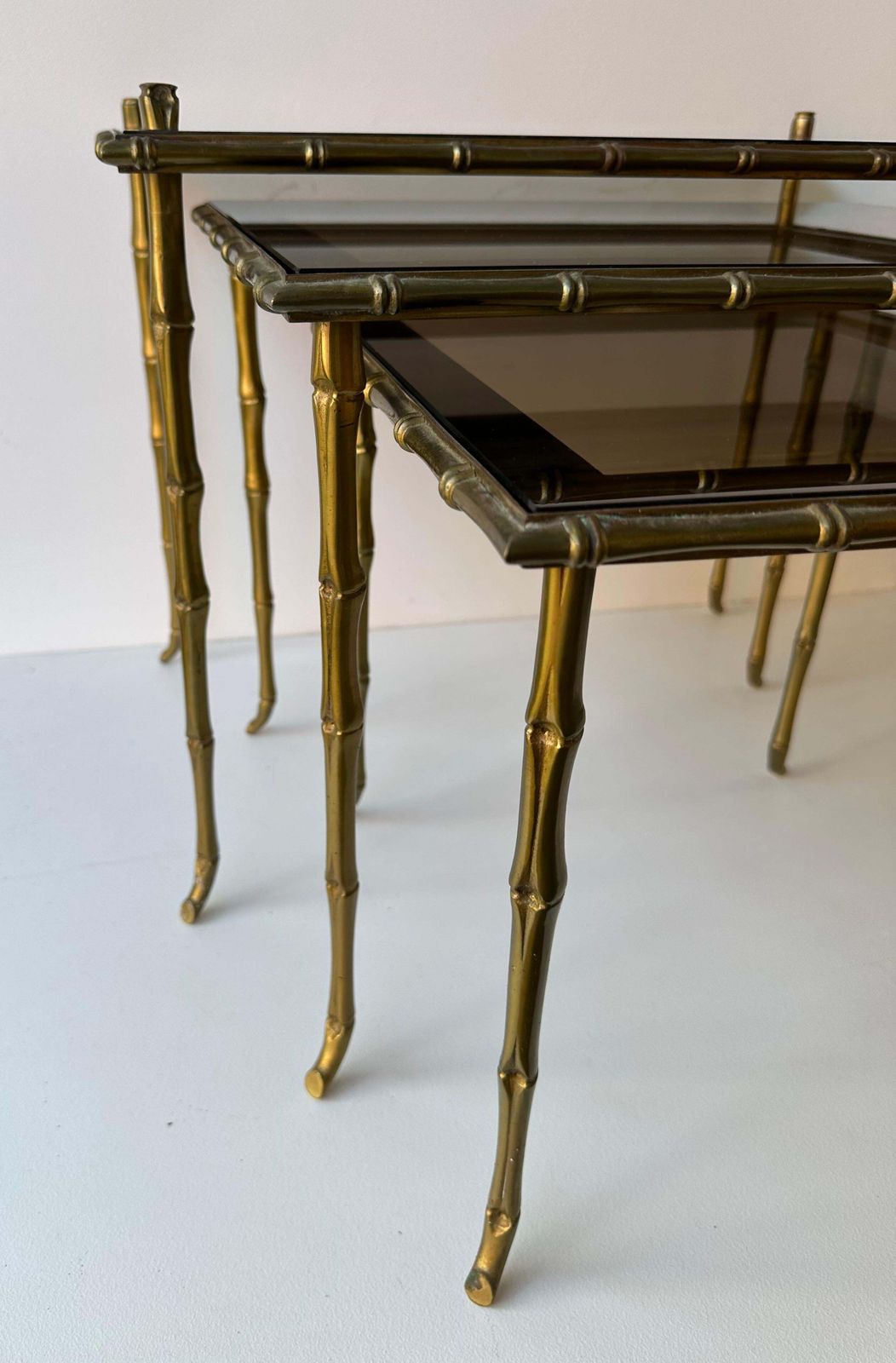 Set Of 3 Nesting Tables Bamboo Gilt Bronze By Maison Baguès. France, 1960s photo vinterior