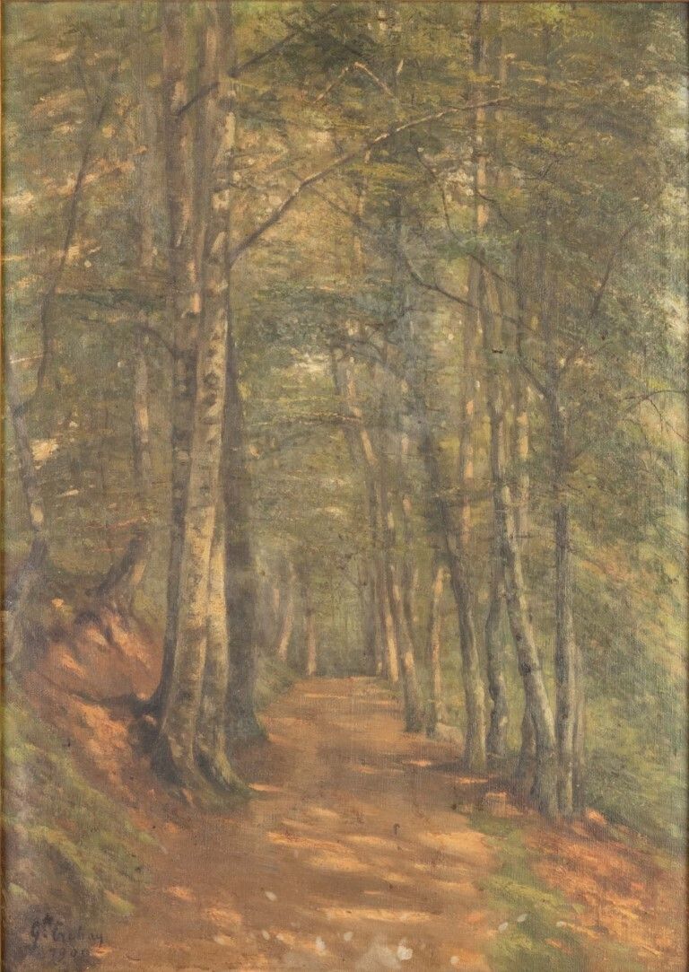 French Oil Painting On Canvas Of A Forest Footpath Signed & Dated 1900 photo furniture