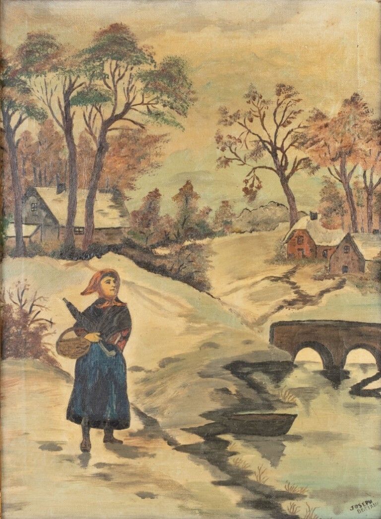 Figure In A Winter Snow Landscape Oil Painting On Canvas Signed