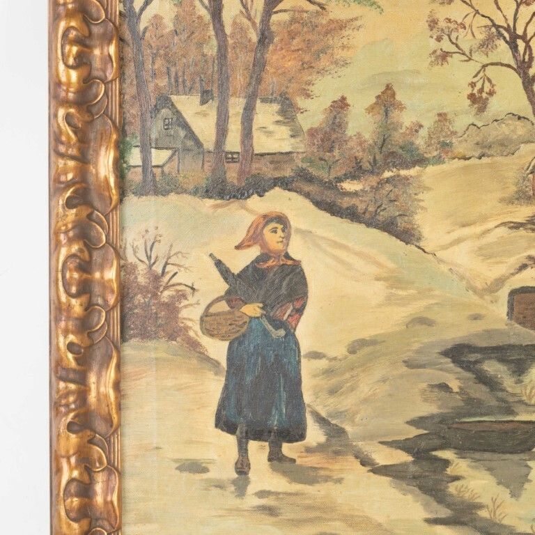 Figure In A Winter Snow Landscape Oil Painting On Canvas Signed photo for sale