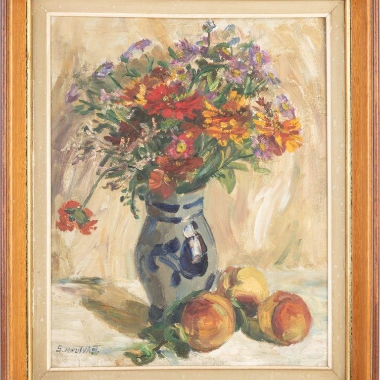 Dutch Impressionistic Still Life Flowers Oil Painting On Board photo furniture