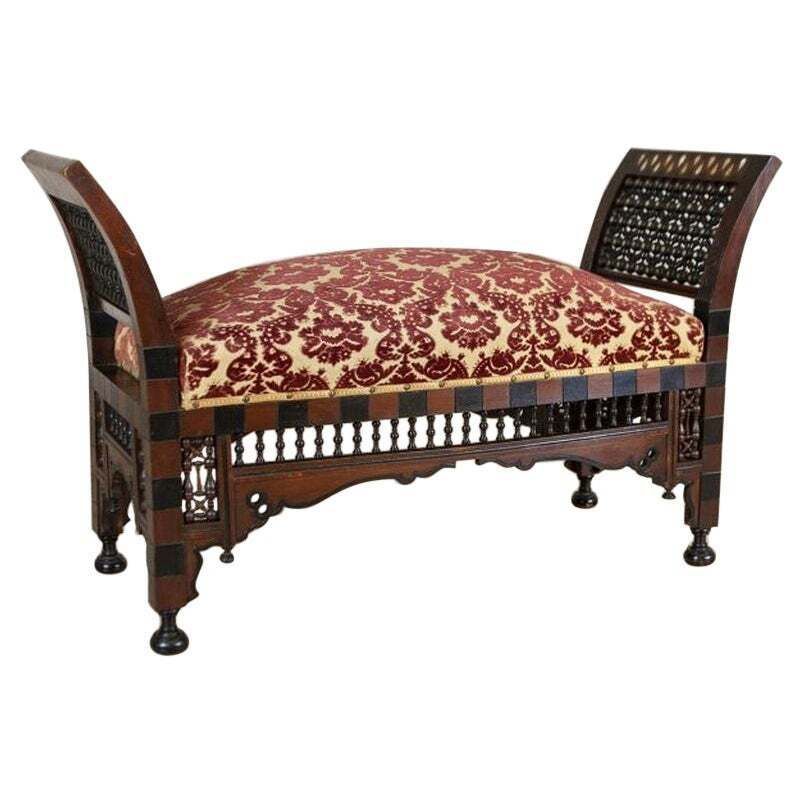 Antique 19th Century Bench Made Of Exotic Wood In Dark Brown, Upholstered
