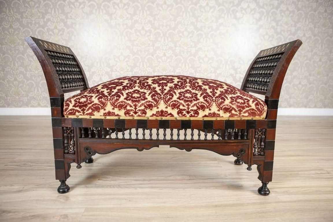 Antique 19th Century Bench Made Of Exotic Wood In Dark Brown, Upholstered photo furniture