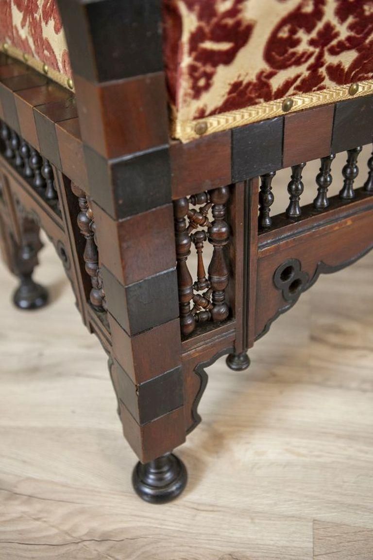 photo for sale Antique 19th Century Bench Made Of Exotic Wood In Dark Brown, Upholstered